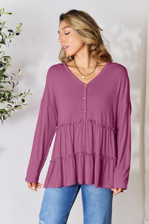 Double Take Half Button Long Sleeve Ruffle Hem Blouse - Create the impossible