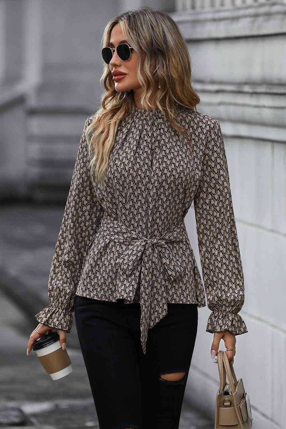 Printed Tie Front Flounce Sleeve Blouse