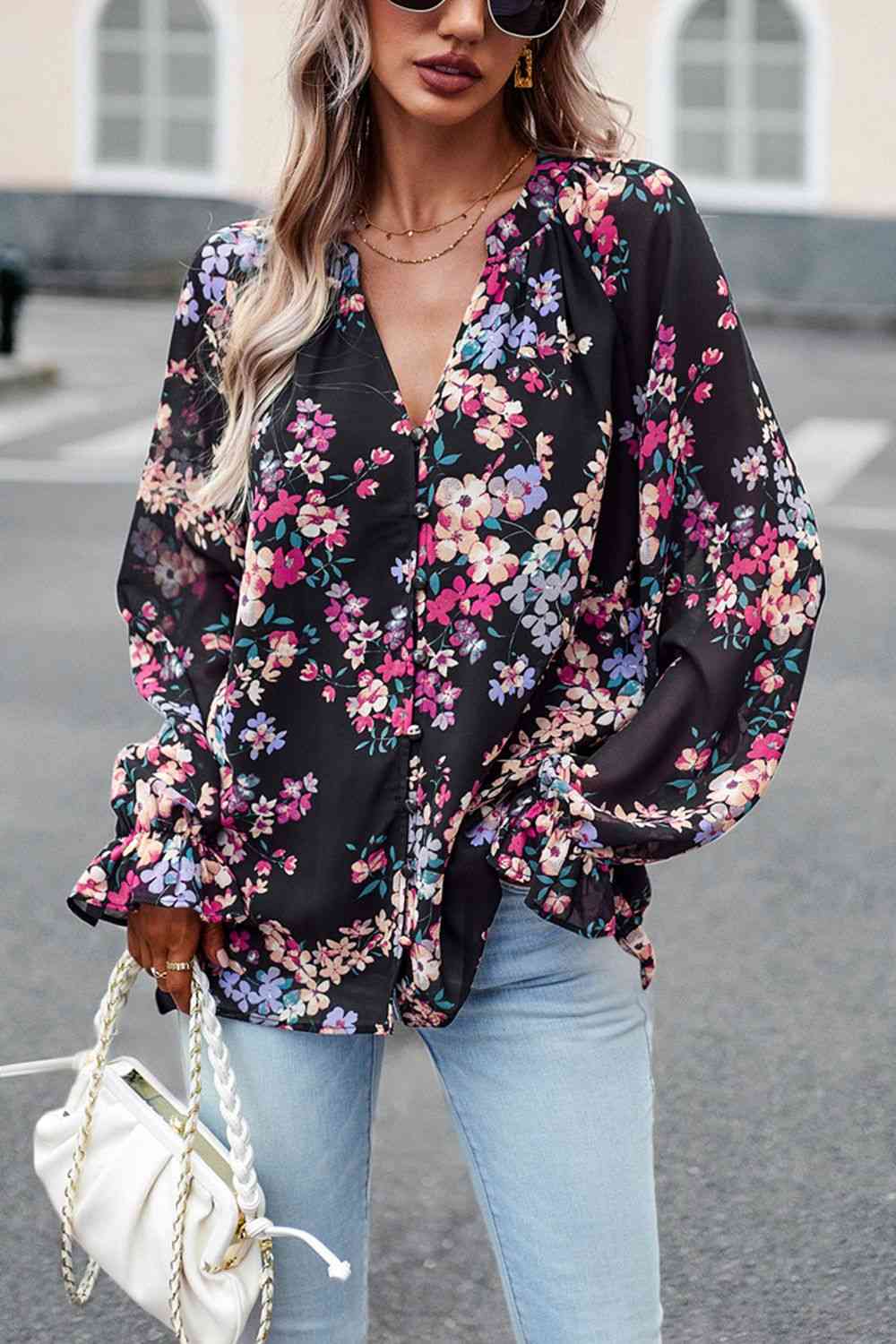 Floral Print Flounce Sleeve Blouse