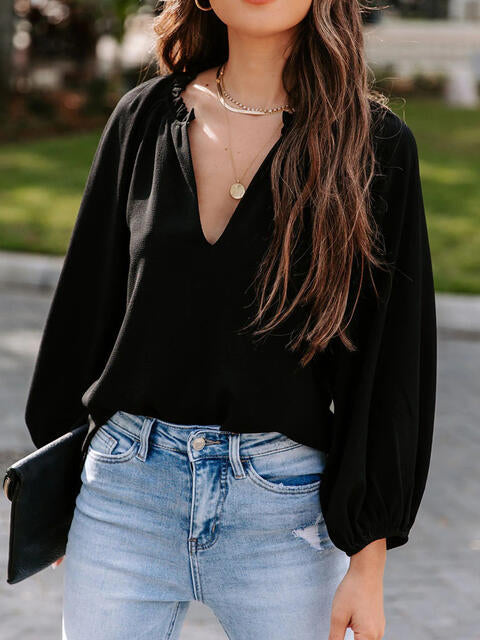 Notched Neck Long Sleeve Blouse - Create the impossible