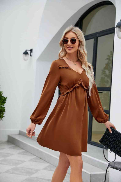 Frill Trim V-Neck Long Sleeve Dress