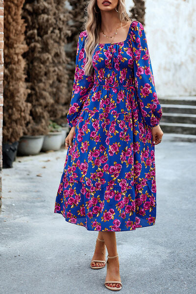 Printed Balloon Sleeve Pocketed Midi Dress