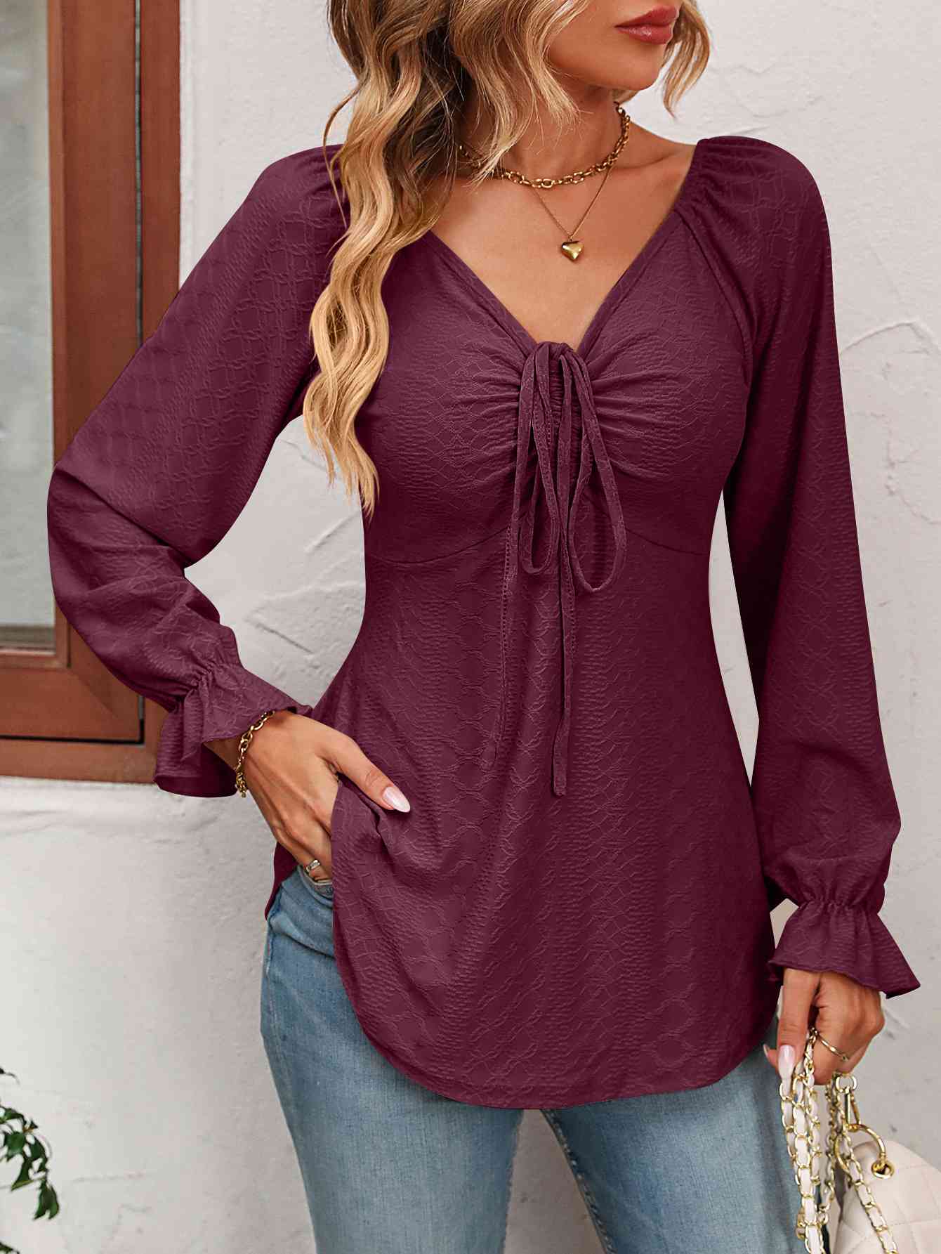 Tie Front V-Neck Puff Sleeve Blouse - Create the impossible