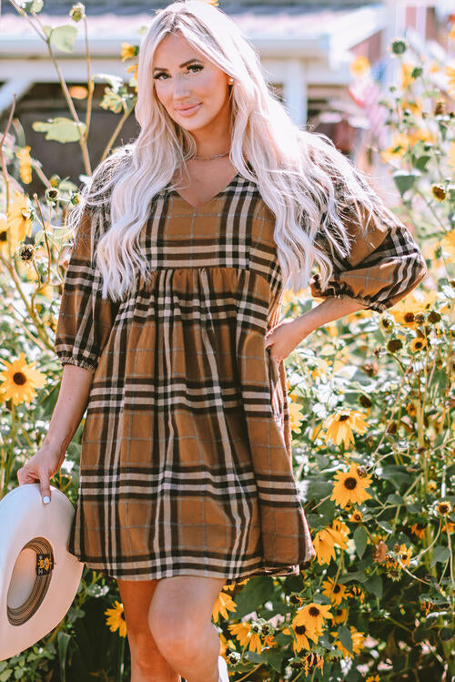 Plaid V-Neck Balloon Sleeve Dress