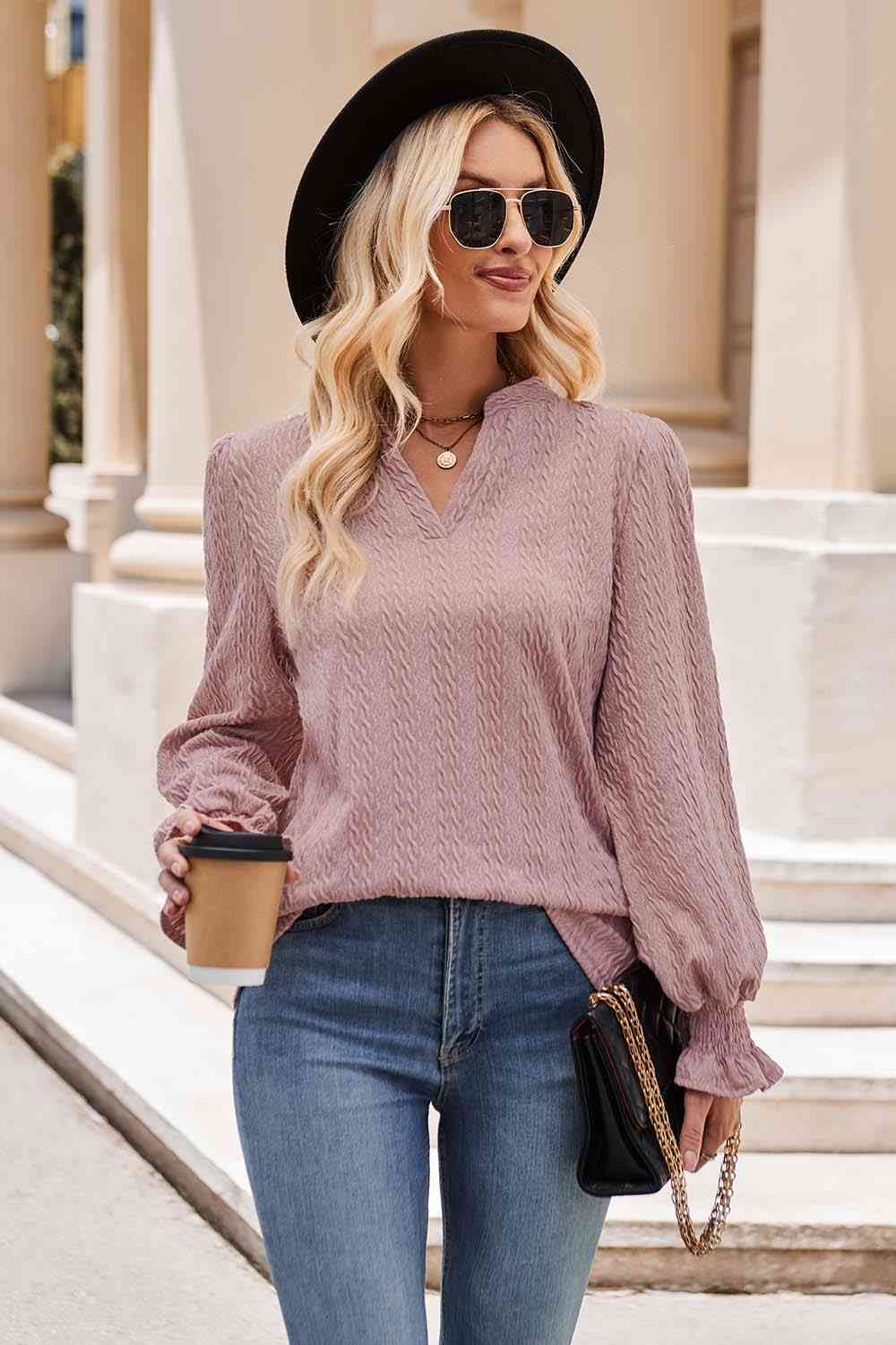 Notched Neck Flounce Sleeve Blouse