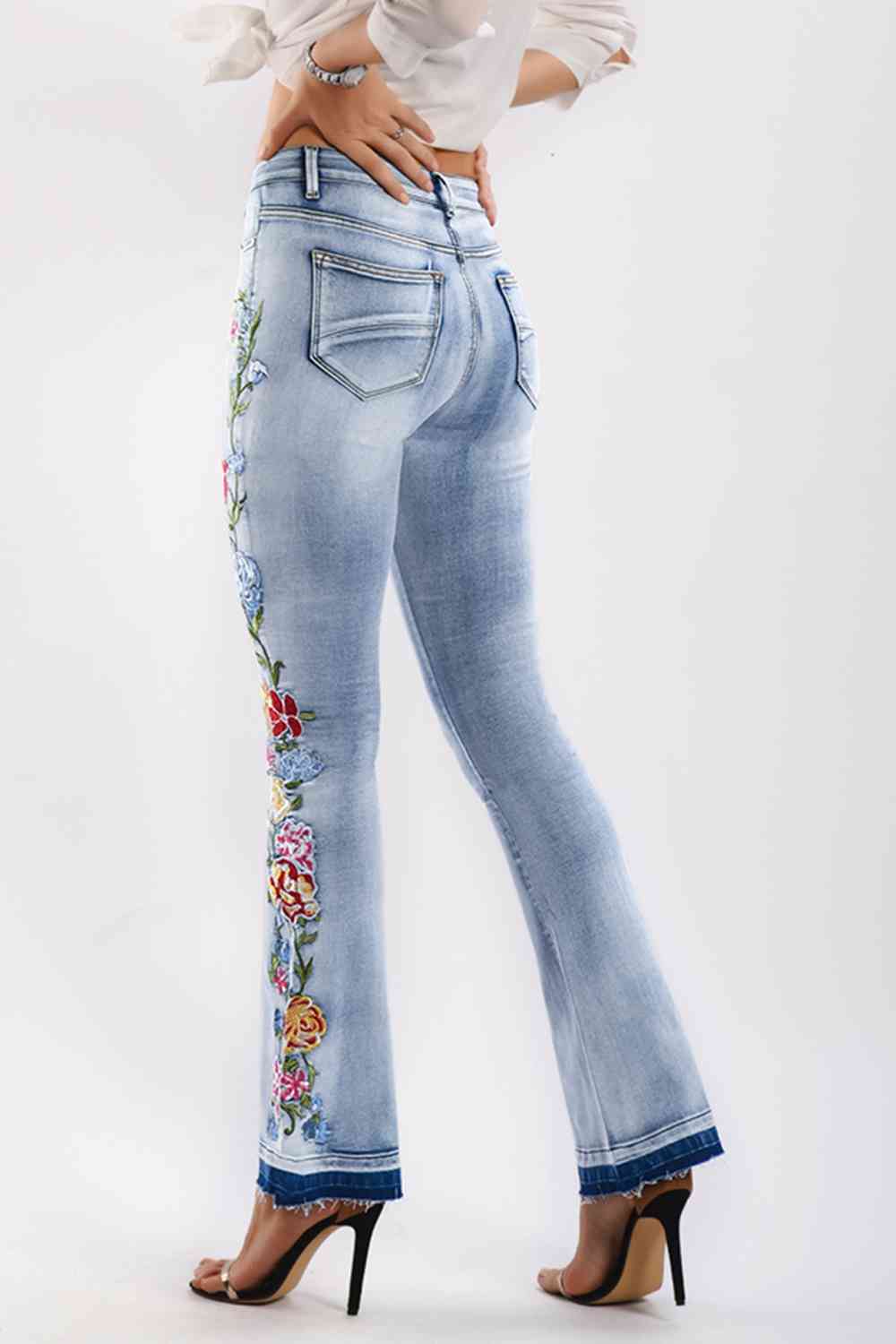 Full Size Flower Embroidery Wide Leg Jeans