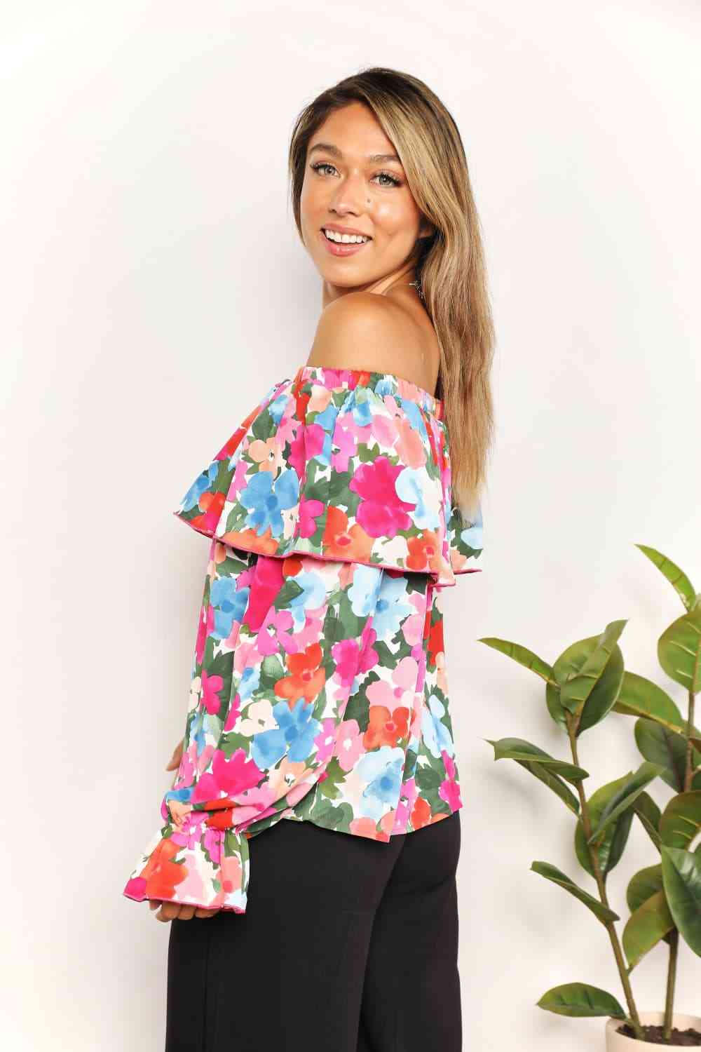 Double Take Floral Off-Shoulder Flounce Sleeve Layered Blouse - Create the impossible