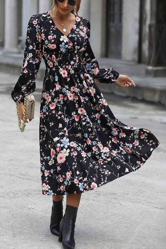 Floral Long Sleeve Surplice Neck Dress