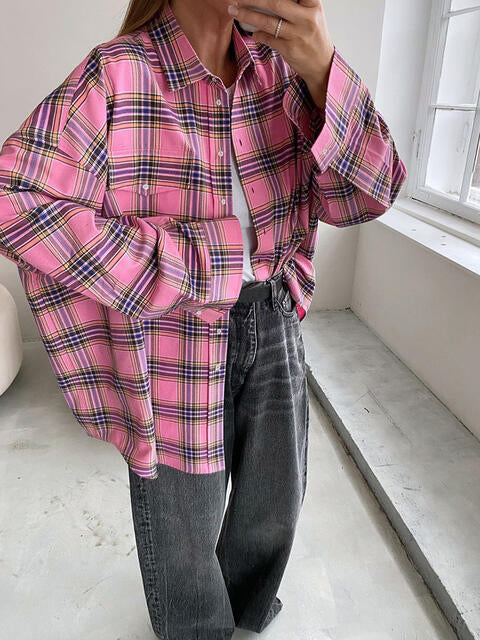 Plaid Collared Neck Long Sleeve Shirt