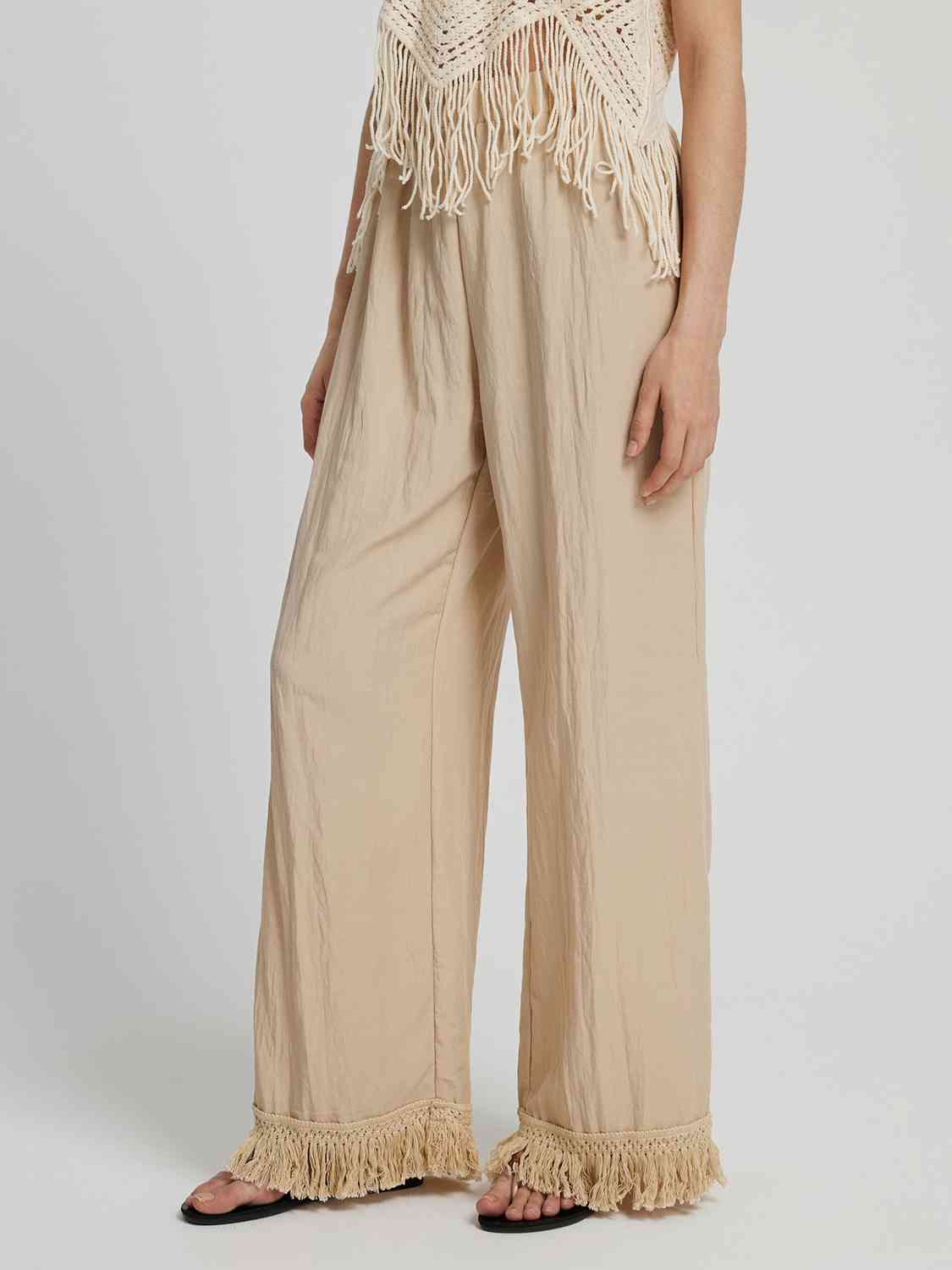 Fringe Hem Wide Leg Long Pants