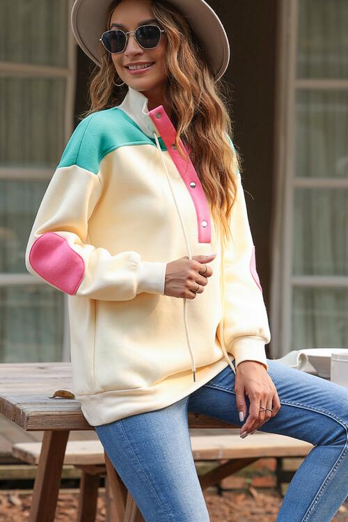 Color Block Half Snap Drawstring Sweatshirt