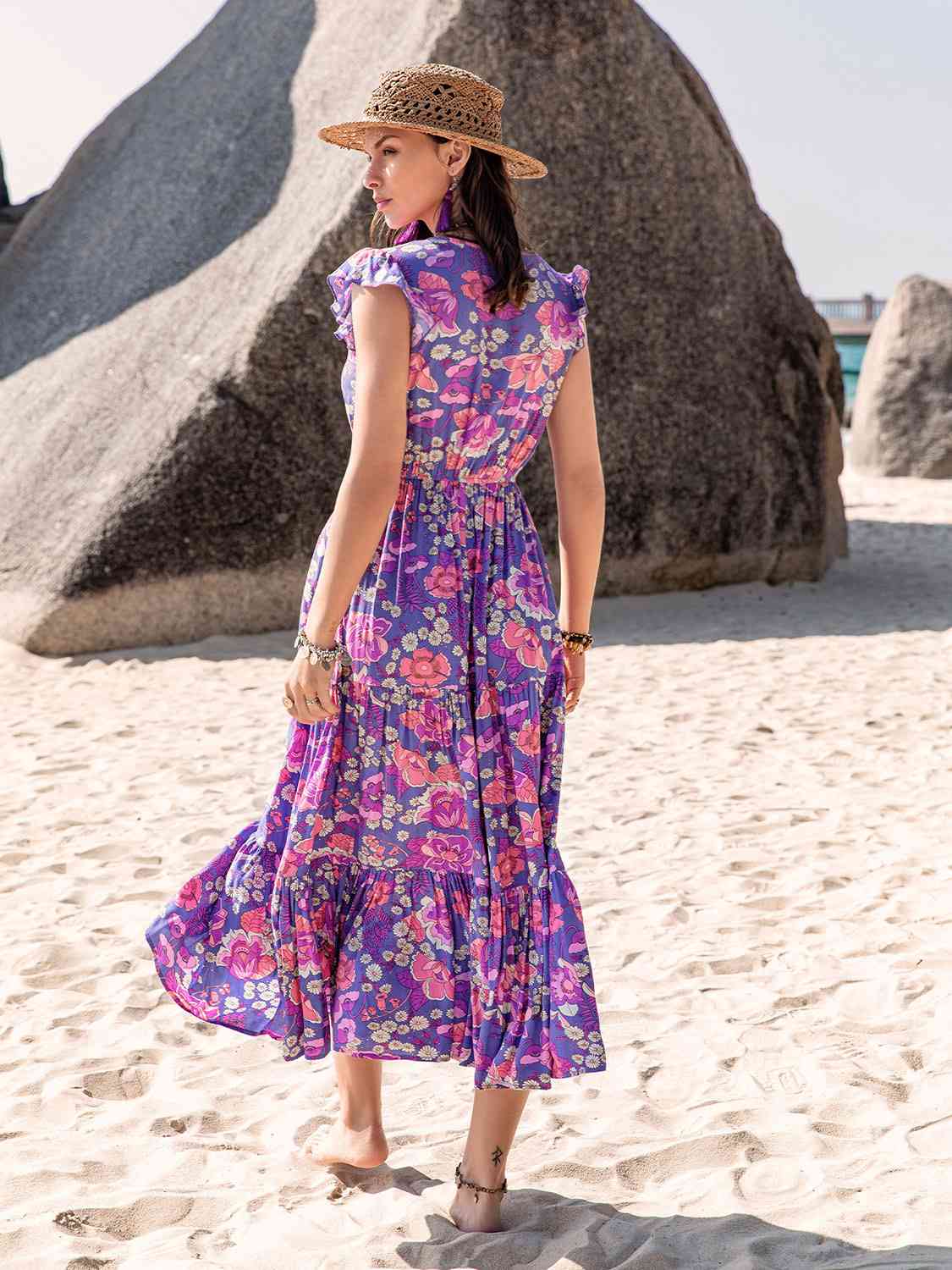 Printed V-Neck Midi Dress