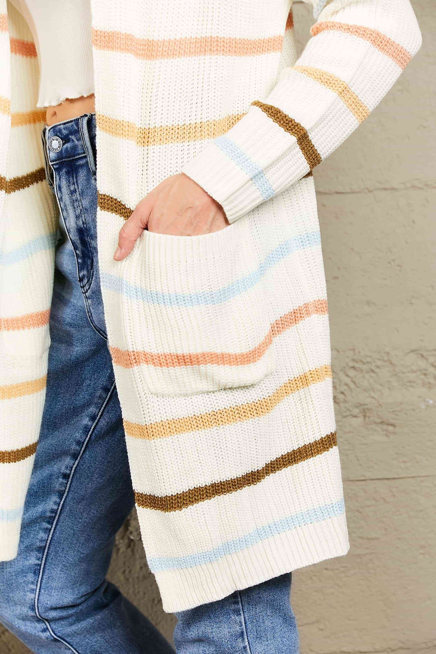 Woven Right Striped Rib-Knit Open Front Pocketed Cardigan