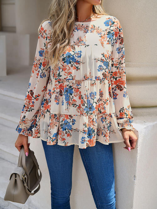 Printed Flounce Sleeve Tiered Blouse - Create the impossible