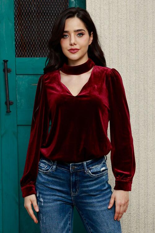 Cutout Puff Sleeve Velvet Blouse - Create the impossible