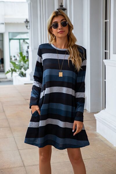 Striped Round Neck Long Sleeve Dress