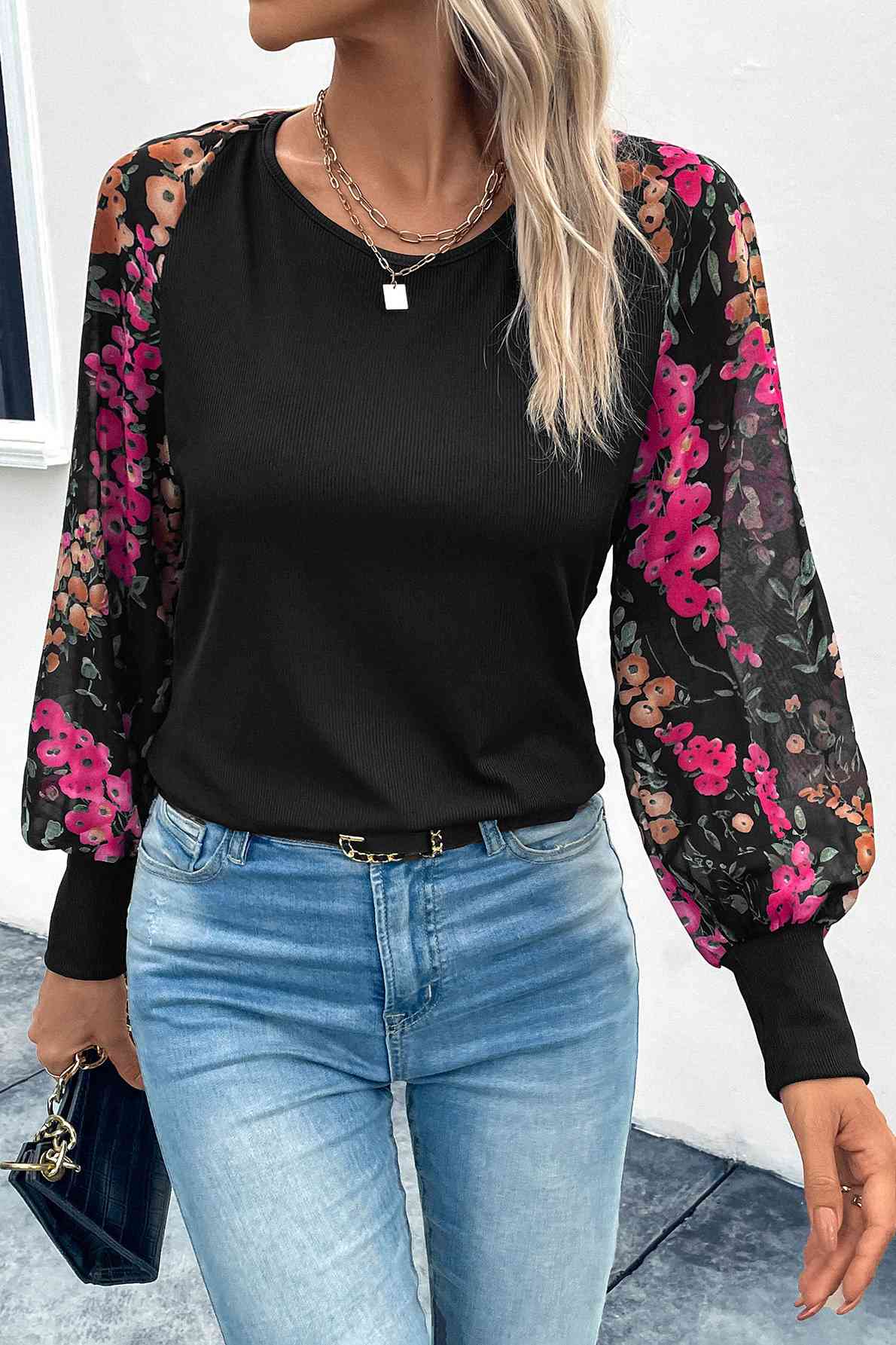 Floral Round Neck Lantern Sleeve Blouse - Create the impossible