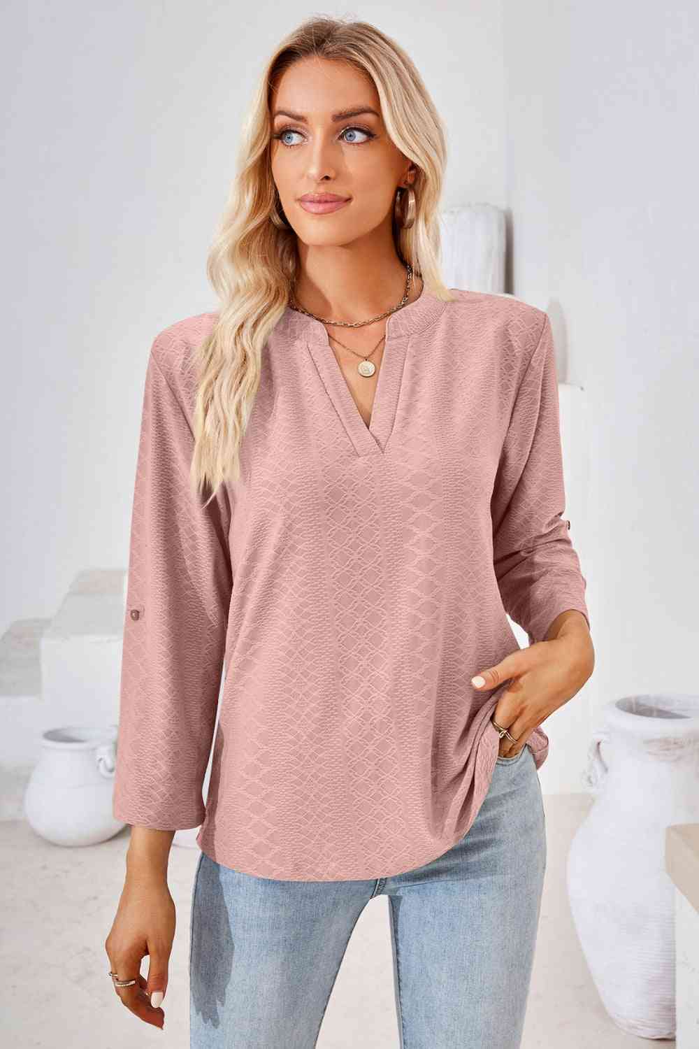 V-Neck Roll-Tap Sleeve Blouse - Create the impossible