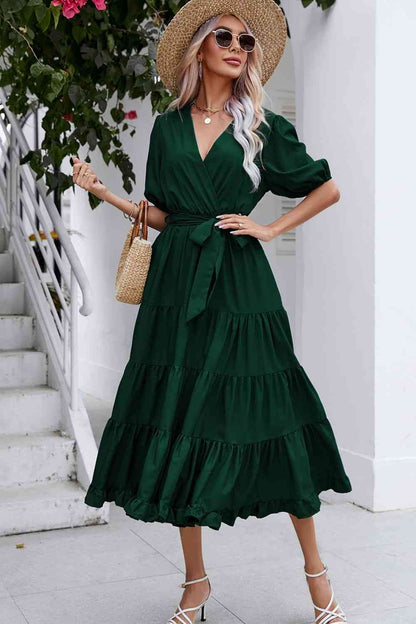 Surplice Neck Tie Waist Tiered Midi Dress