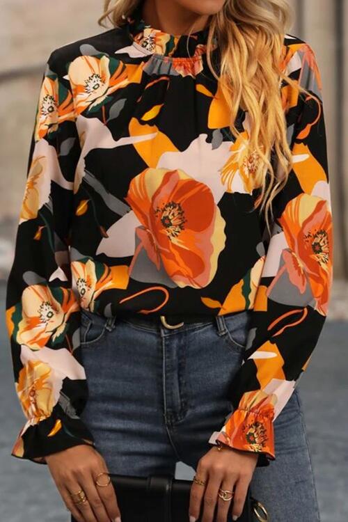 Floral Mock Neck Flounce Sleeve Blouse - Create the impossible