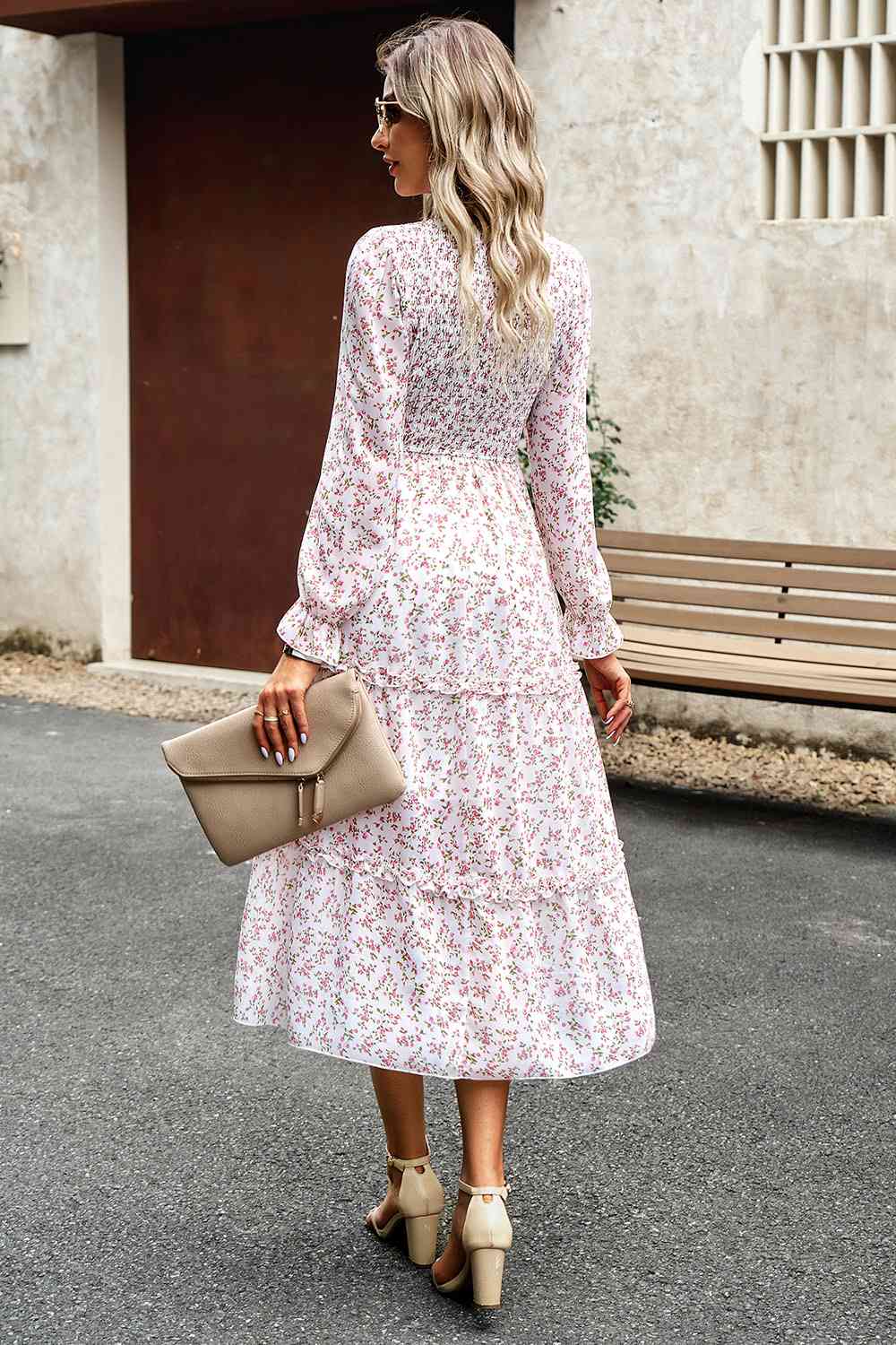 Smocked Flounce Sleeve Midi Dress