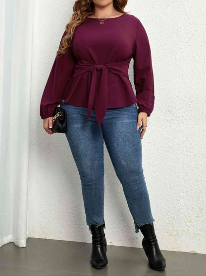 Plus Size Tie Front Long Sleeve Blouse - Create the impossible