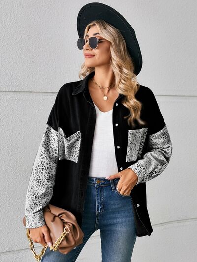 Leopard Button Up Denim Jacket