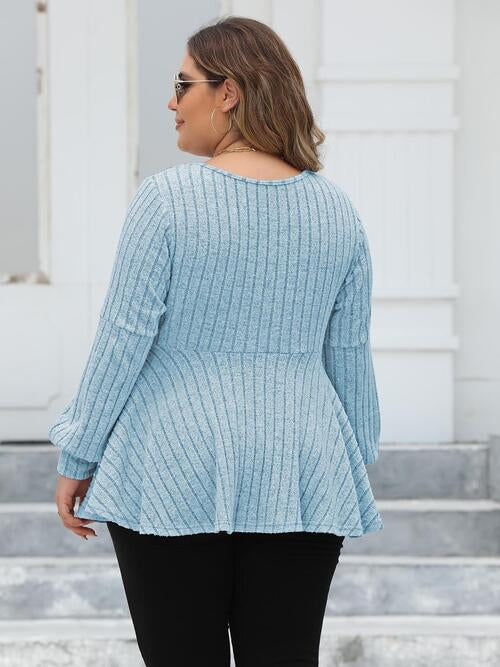 Plus Size Ribbed V-Neck Long Sleeve Blouse - Create the impossible