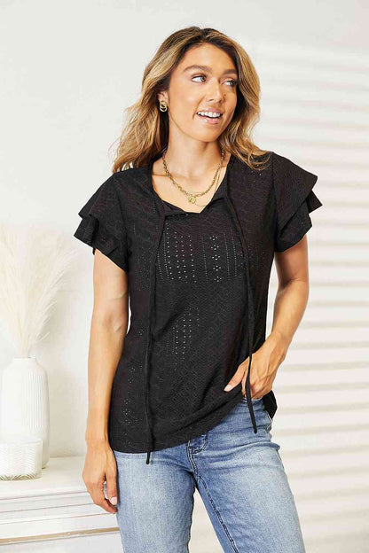 Double Take Eyelet Tie-Neck Flutter Sleeve Blouse - Create the impossible