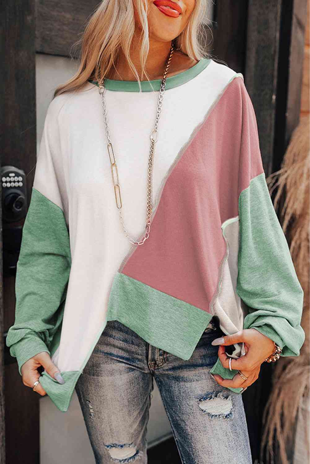 Color Block Exposed Seam Asymmetrical Sweatshirt - Create the impossible