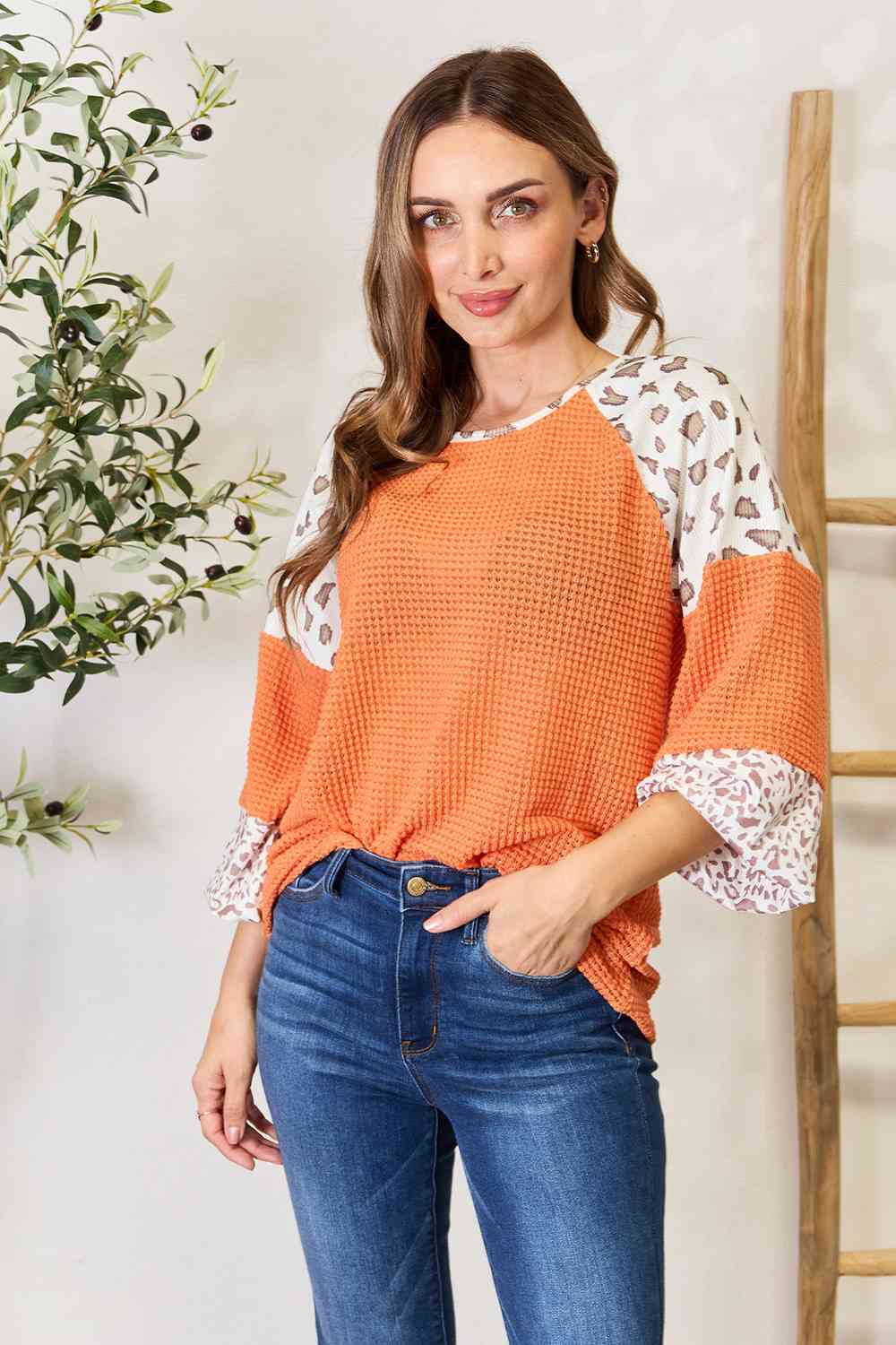 Double Take Leopard Waffle-Knit Long Sleeve Blouse - Create the impossible