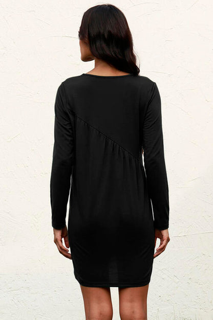 Ruched Round Neck Long Sleeve Dress