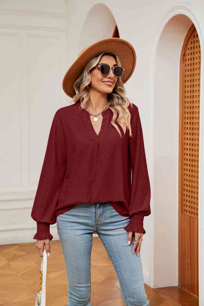 Notched Neck Flounce Sleeve Blouse