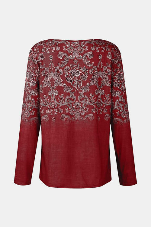 Printed Notched Long Sleeve T-Shirt