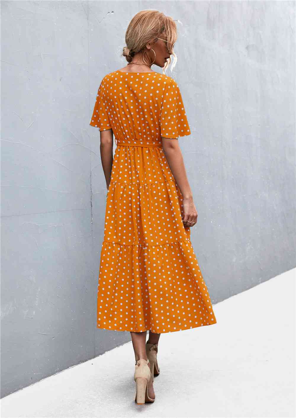 Printed V-Neck Flutter Sleeve Belted Dress - Create the impossible