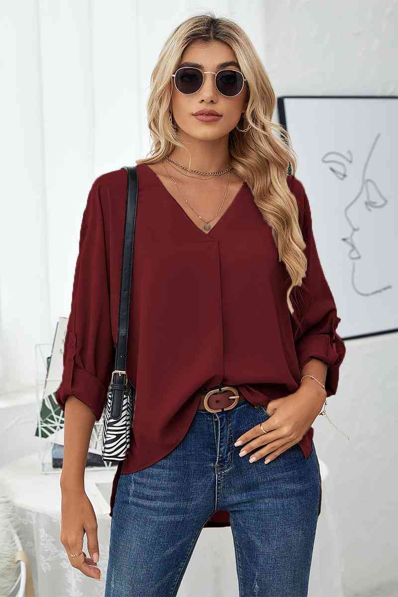 Roll-Tab Sleeve V-Neck Blouse - Create the impossible