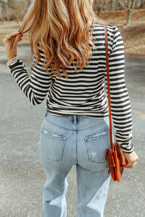 Double Take Striped Mock Neck Long Sleeve Top - Create the impossible