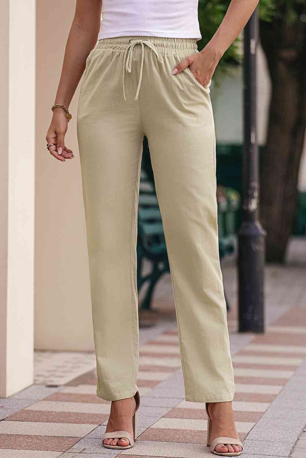 Drawstring Elastic Waist Pants with Pockets