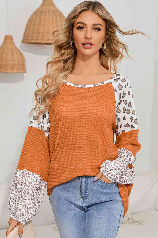 Leopard Waffle-Knit Long Sleeve Blouse - Create the impossible