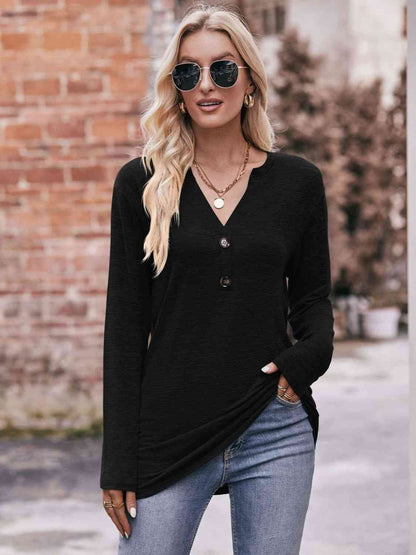 Double Take Buttoned Notched Neck Long Sleeve Top