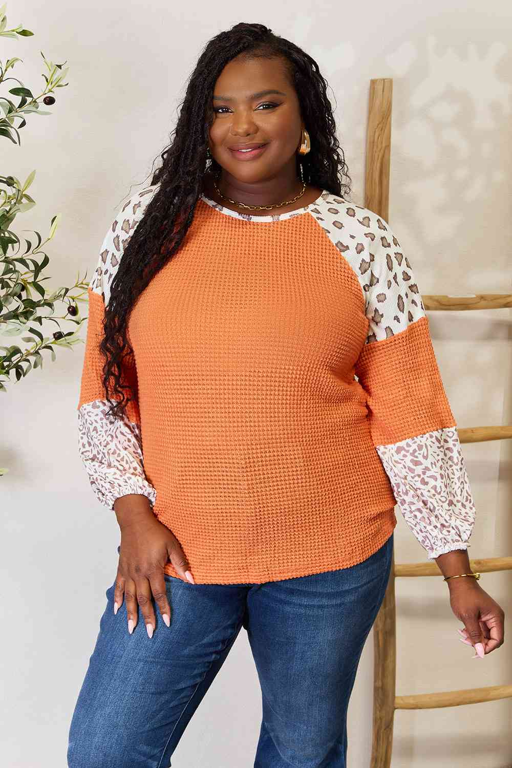 Double Take Leopard Waffle-Knit Long Sleeve Blouse - Create the impossible