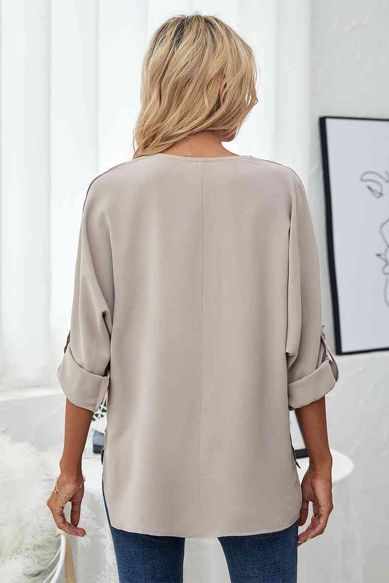 Roll-Tab Sleeve V-Neck Blouse - Create the impossible