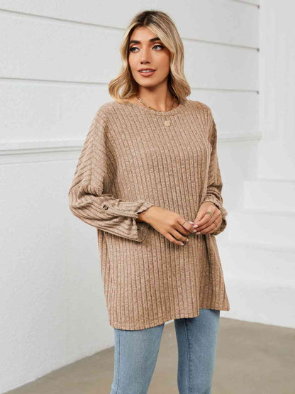 Round Neck Ribbed Long Sleeve T-Shirt