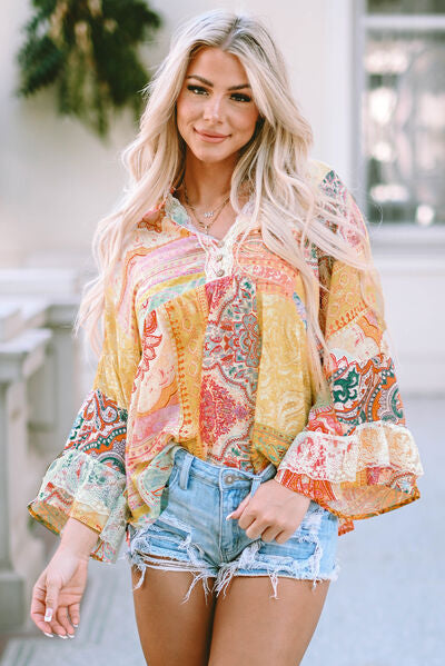 Double Take Printed Lace Trim Buttoned Blouse - Create the impossible