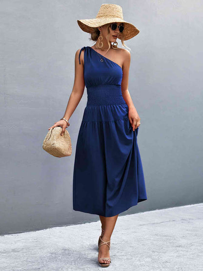 Asymmetrical One Shoulder Smocked Waist Midi Dress