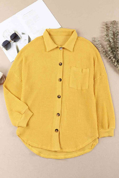 Waffle-Knit Button Up Long Sleeve Shirt with Pocket