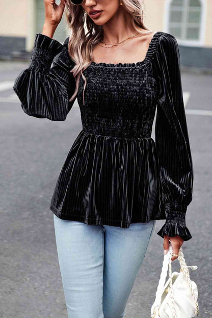 Smocked Square Neck Long Sleeve Blouse - Create the impossible
