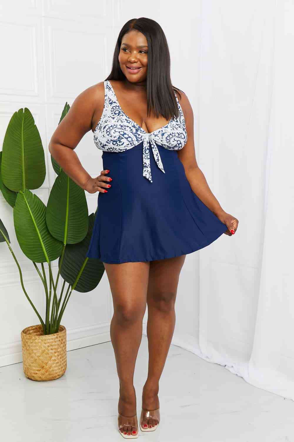 Marina West Swim Full Size Sail With Me V-Neck Swim Dress in Paisley Navy