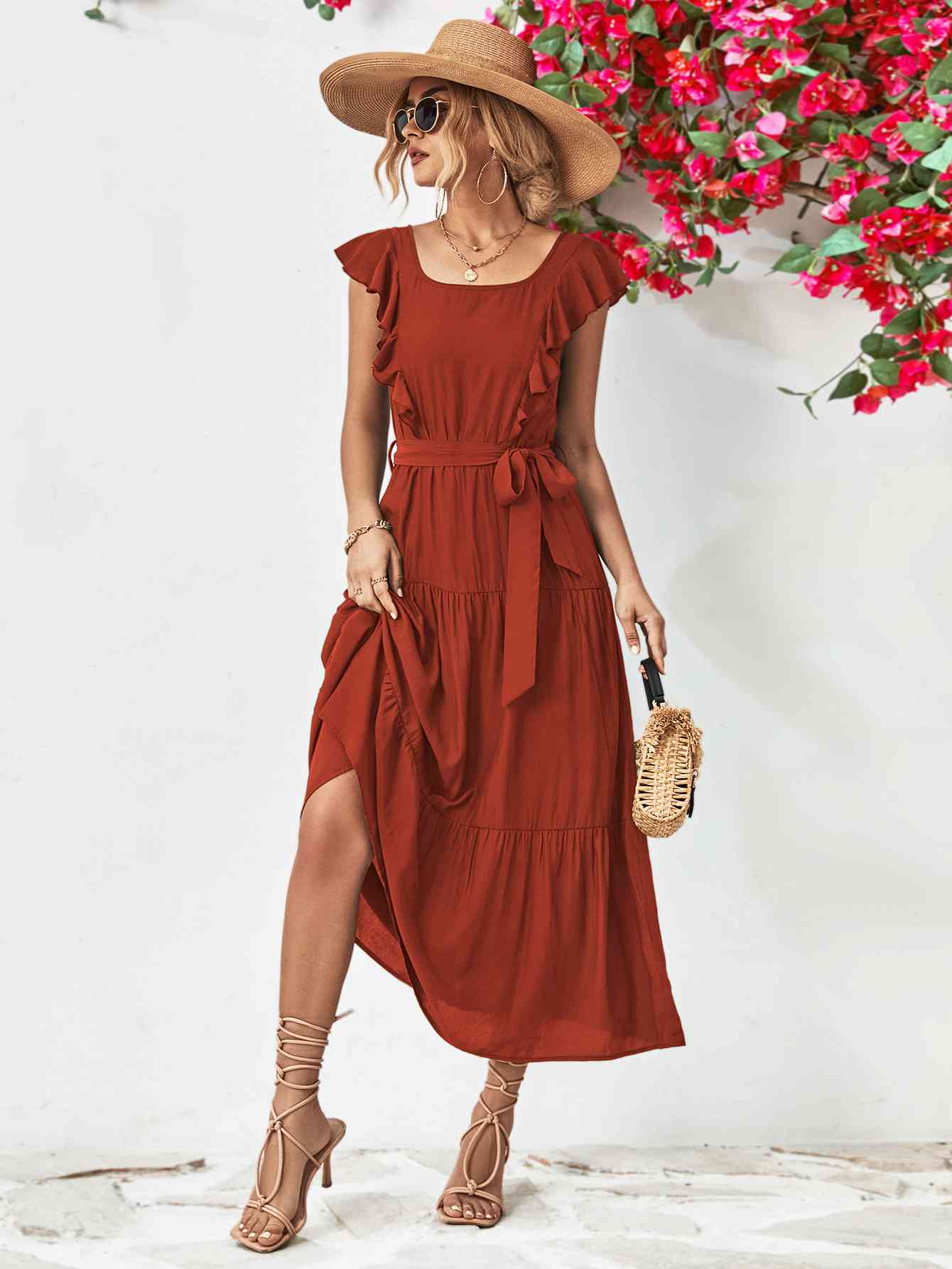 Tie Belt Ruffled Tiered Dress