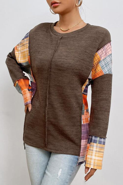 Plaid Exposed Seam Round Neck Sweatshirt